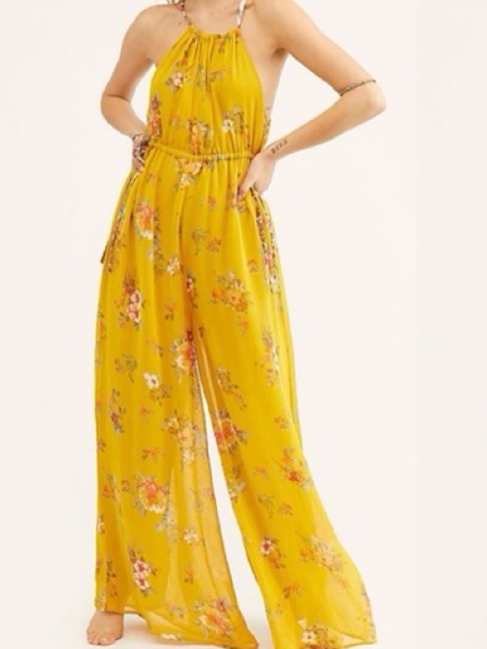 Free People Yellow Floral Wide-Leg Jumpsuit